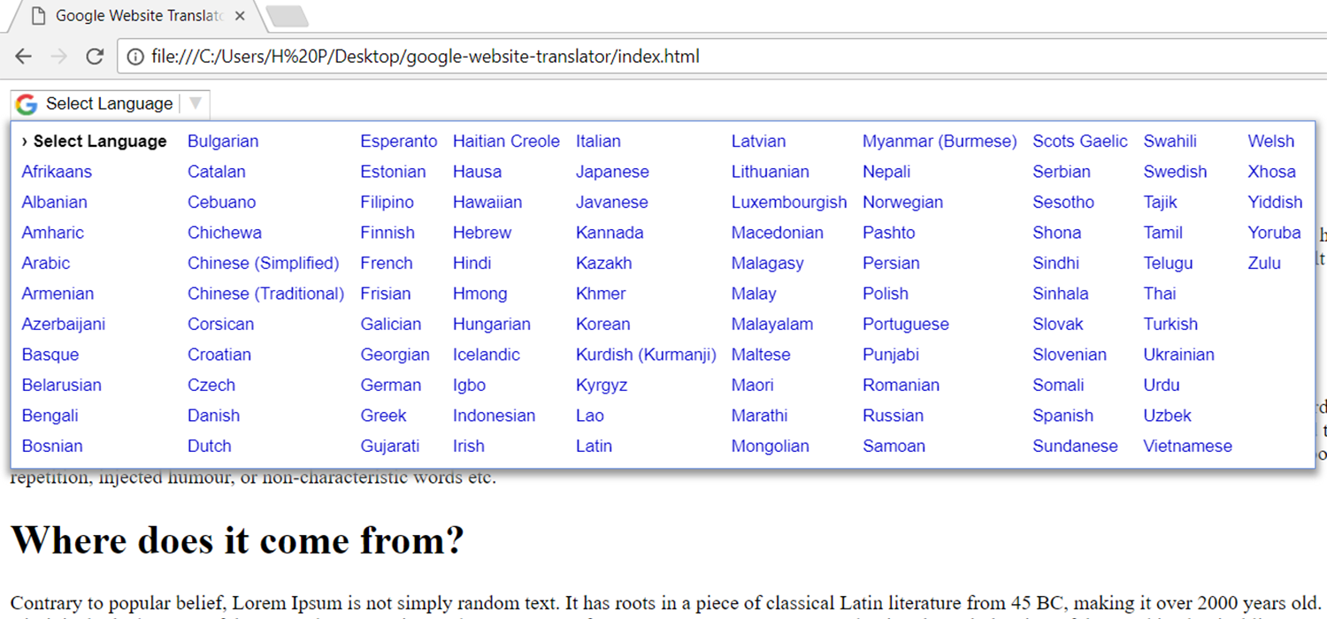 How to add multi-language option in website using google translator